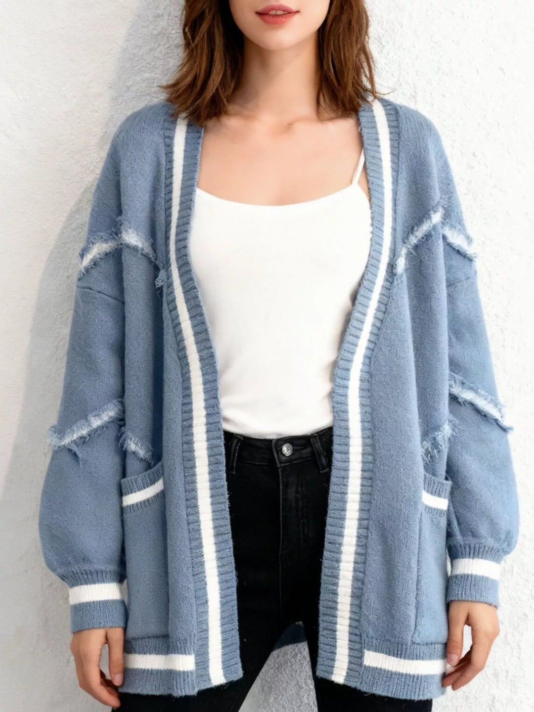 Blue Frayed exposed-seam open front cardigan with striped trim