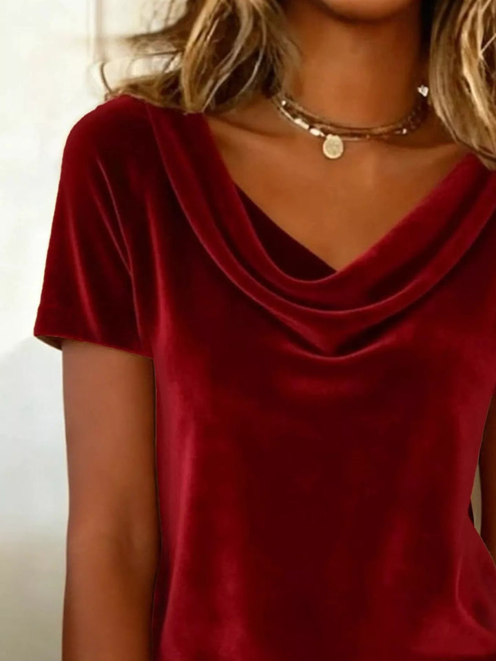 Draped cowl neck velvet top with short sleeves
