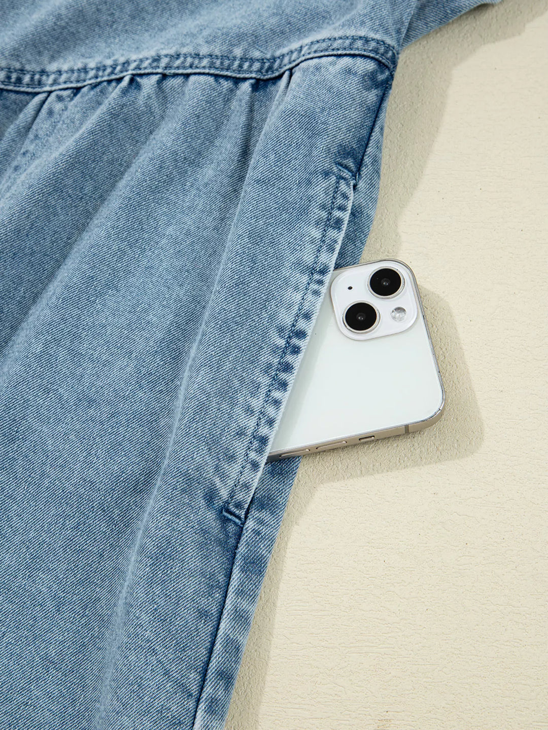 Smocked cuff flared denim mini shirt dress with patch pockets