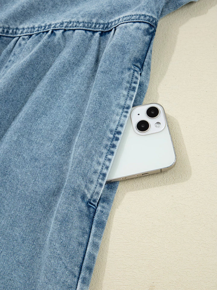 Smocked cuff flared denim mini shirt dress with patch pockets