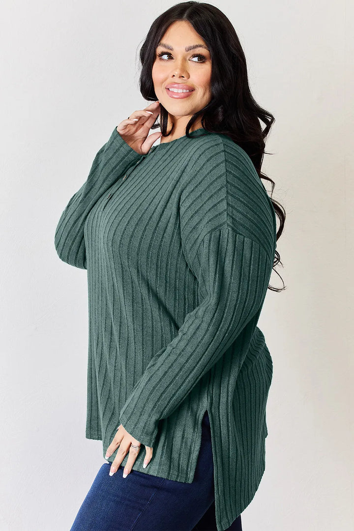 Ribbed knit half-button long sleeve high-low top