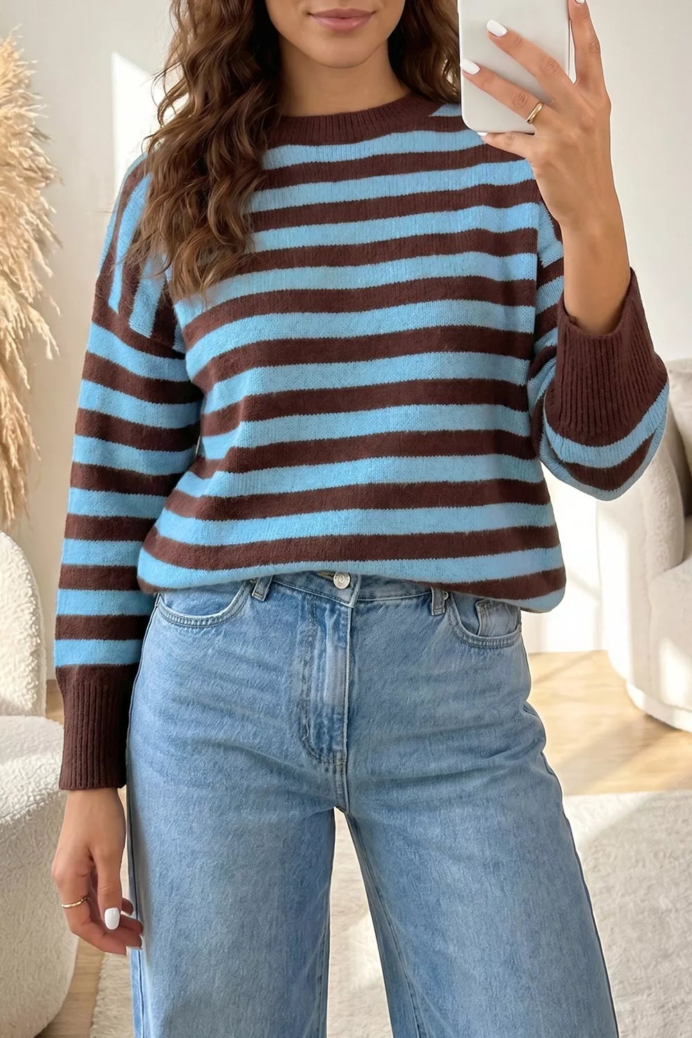 Striped color block crew neck sweater with ribbed cuffs