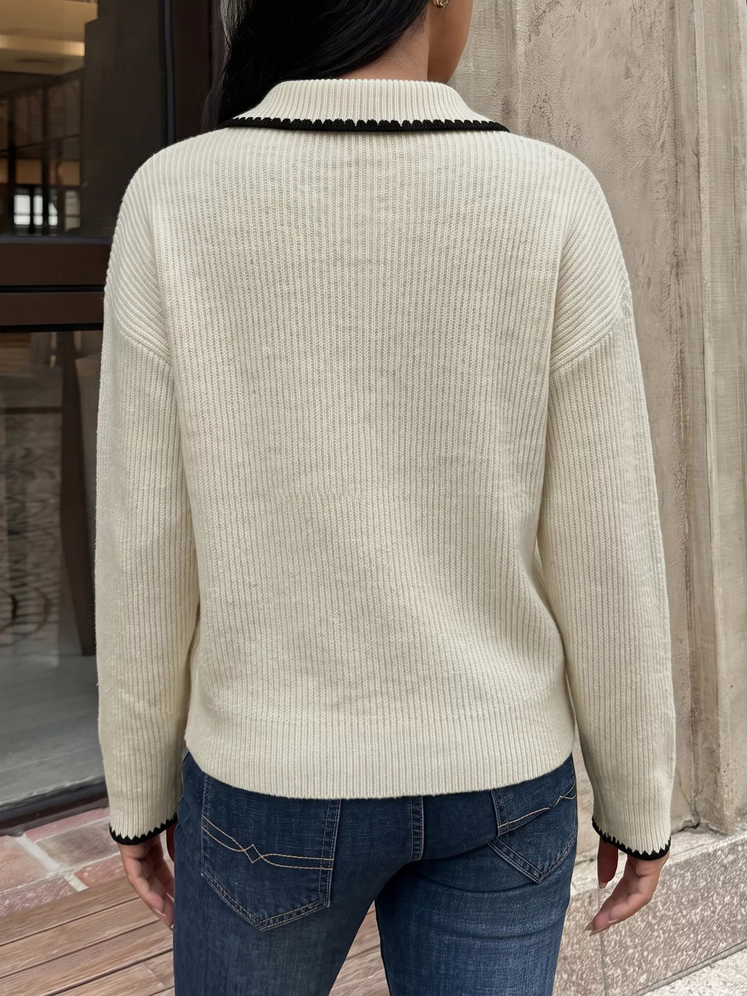 Contrast trim ribbed knit polo sweater with dropped shoulders