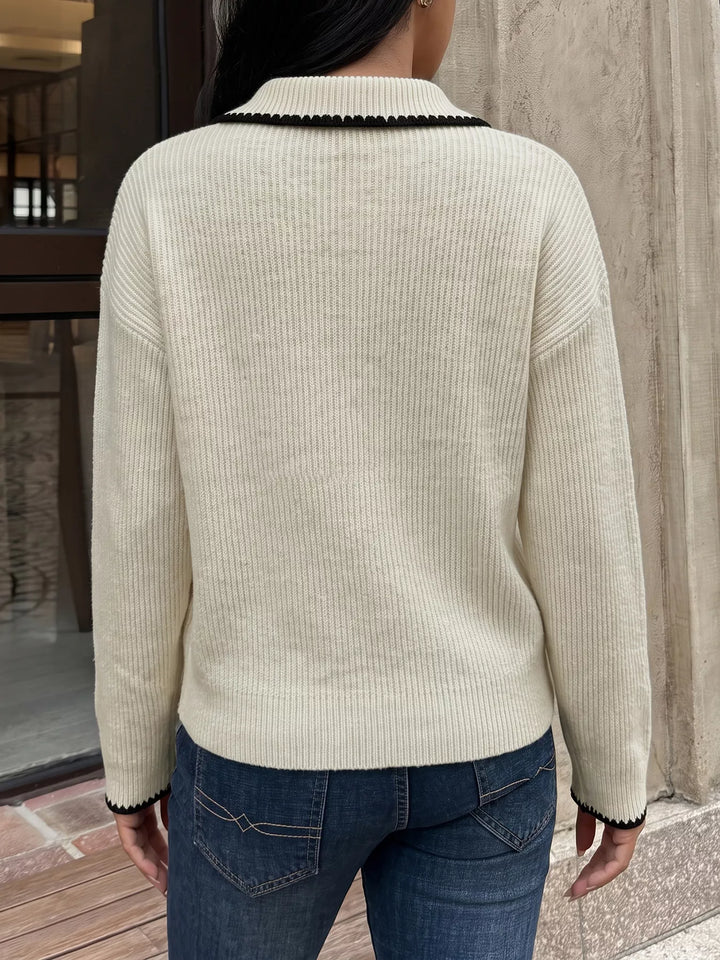 Contrast trim ribbed knit polo sweater with dropped shoulders