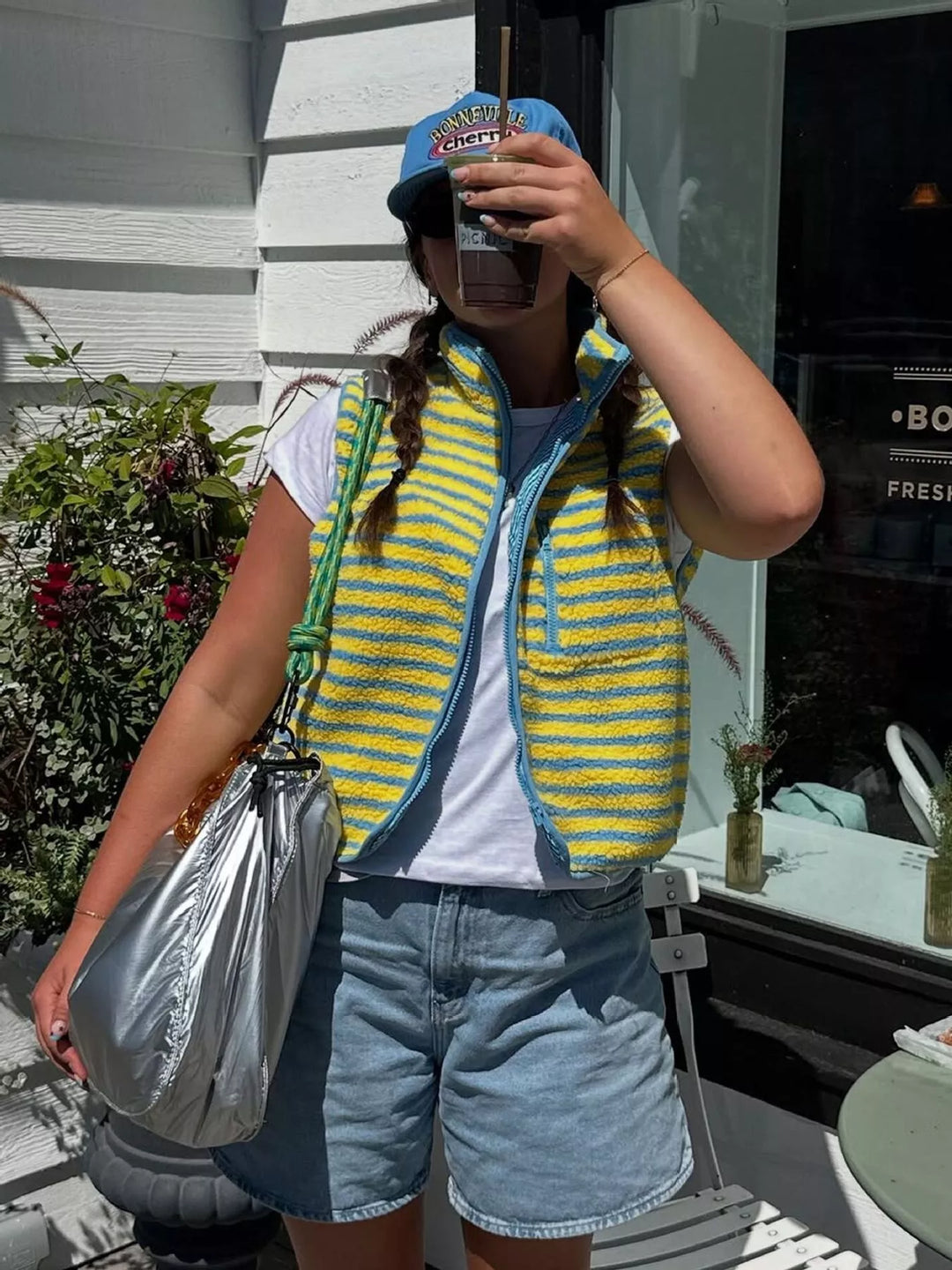 Striped fleece zip-up vest with stand collar