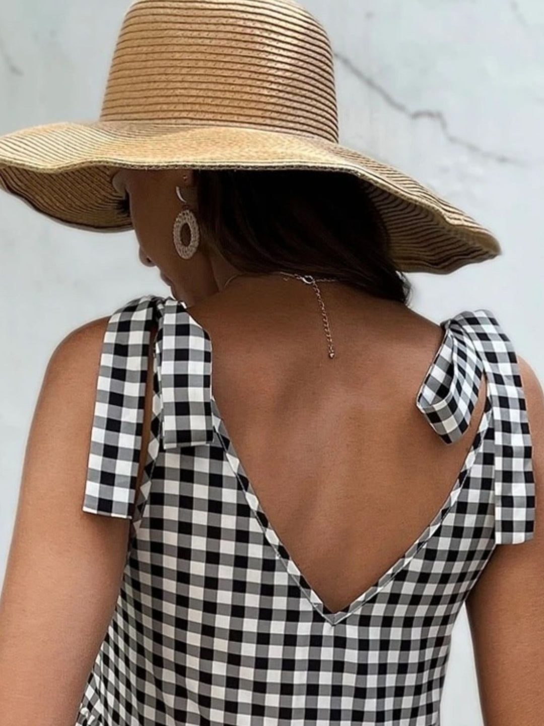 Gingham tie-shoulder tiered babydoll mini dress