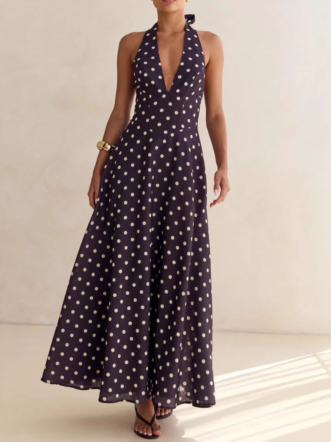 Floral print halter maxi dress with lace-up back