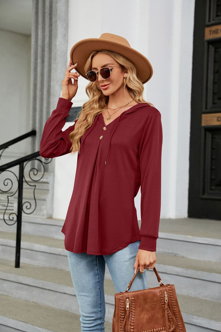 Hooded drawstring tunic blouse with button placket