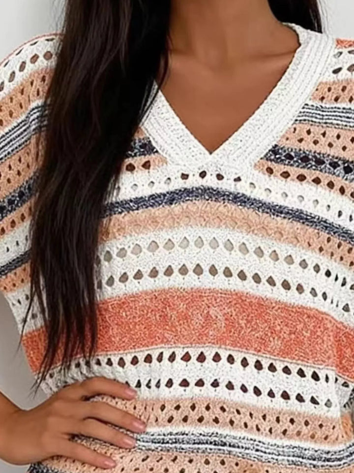 Striped openwork knit V-neck top with drop shoulders