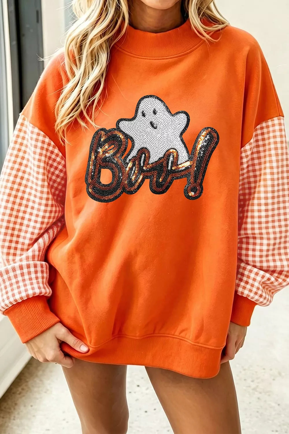 Orange Sequin ghost graphic sweatshirt with gingham patchwork sleeves
