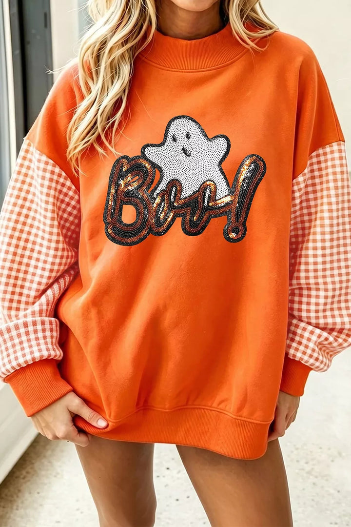 Orange Sequin ghost graphic sweatshirt with gingham patchwork sleeves