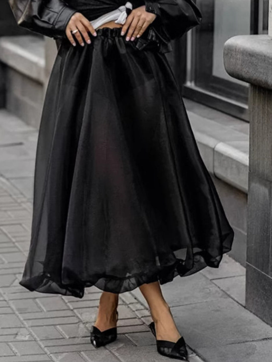Semi-sheer flowy midi skirt with gathered elastic waist