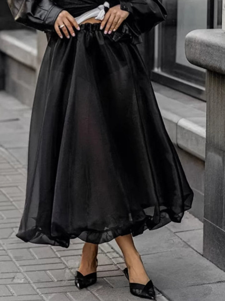 Semi-sheer flowy midi skirt with gathered elastic waist