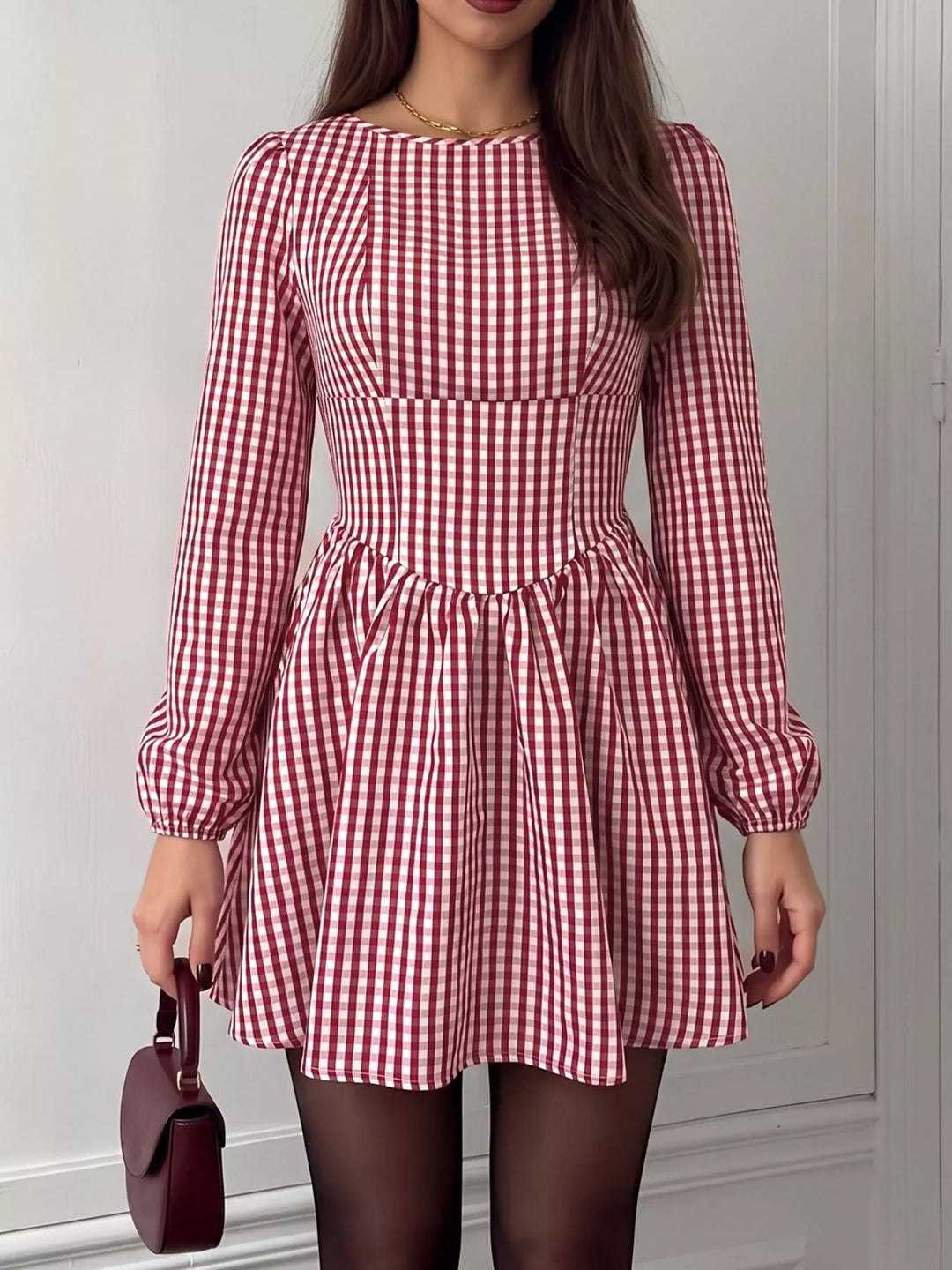 Backless gingham mini dress with bow tie and puff sleeves