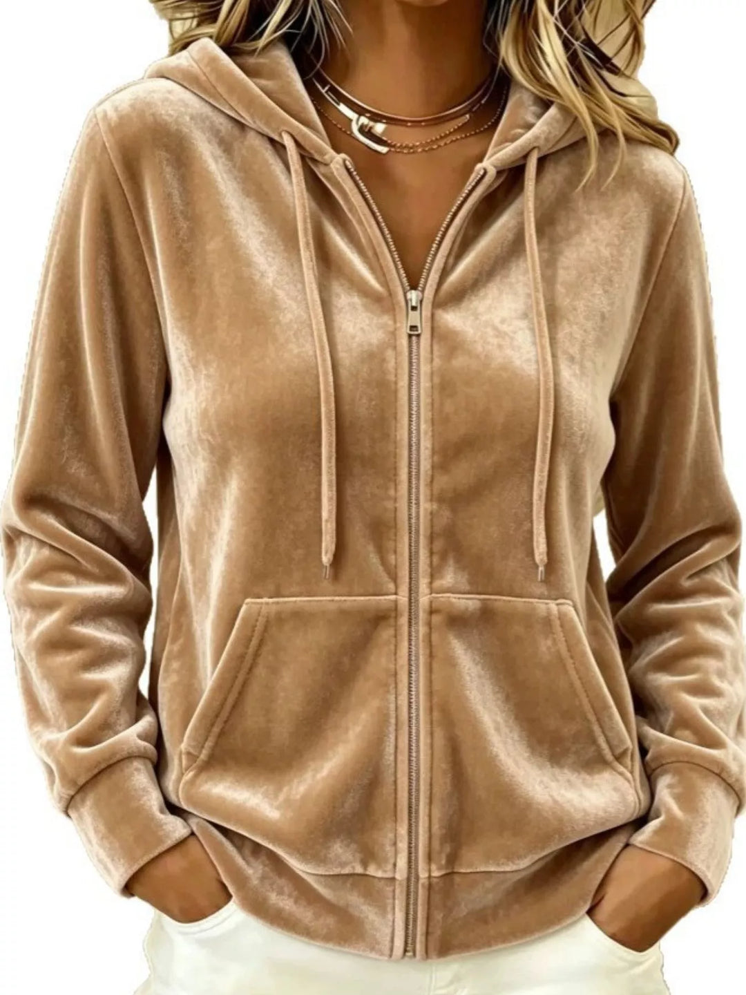 Camel Velvet zip-up hoodie jacket with drawstring and front pockets