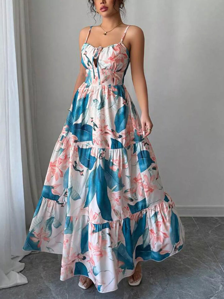 Floral print tiered maxi cami dress with tie front