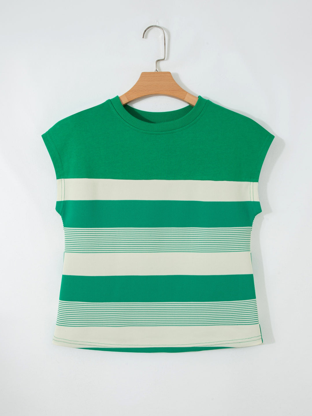 Mixed-width stripe crew neck cap sleeve top