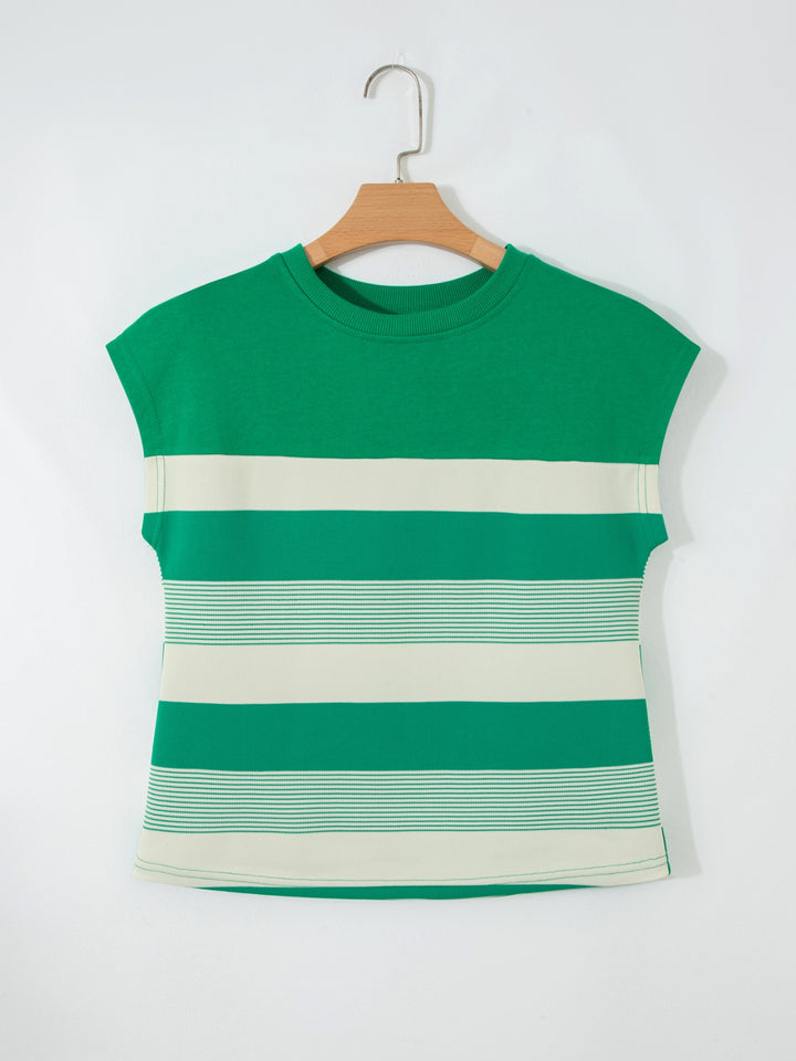 Mixed-width stripe crew neck cap sleeve top