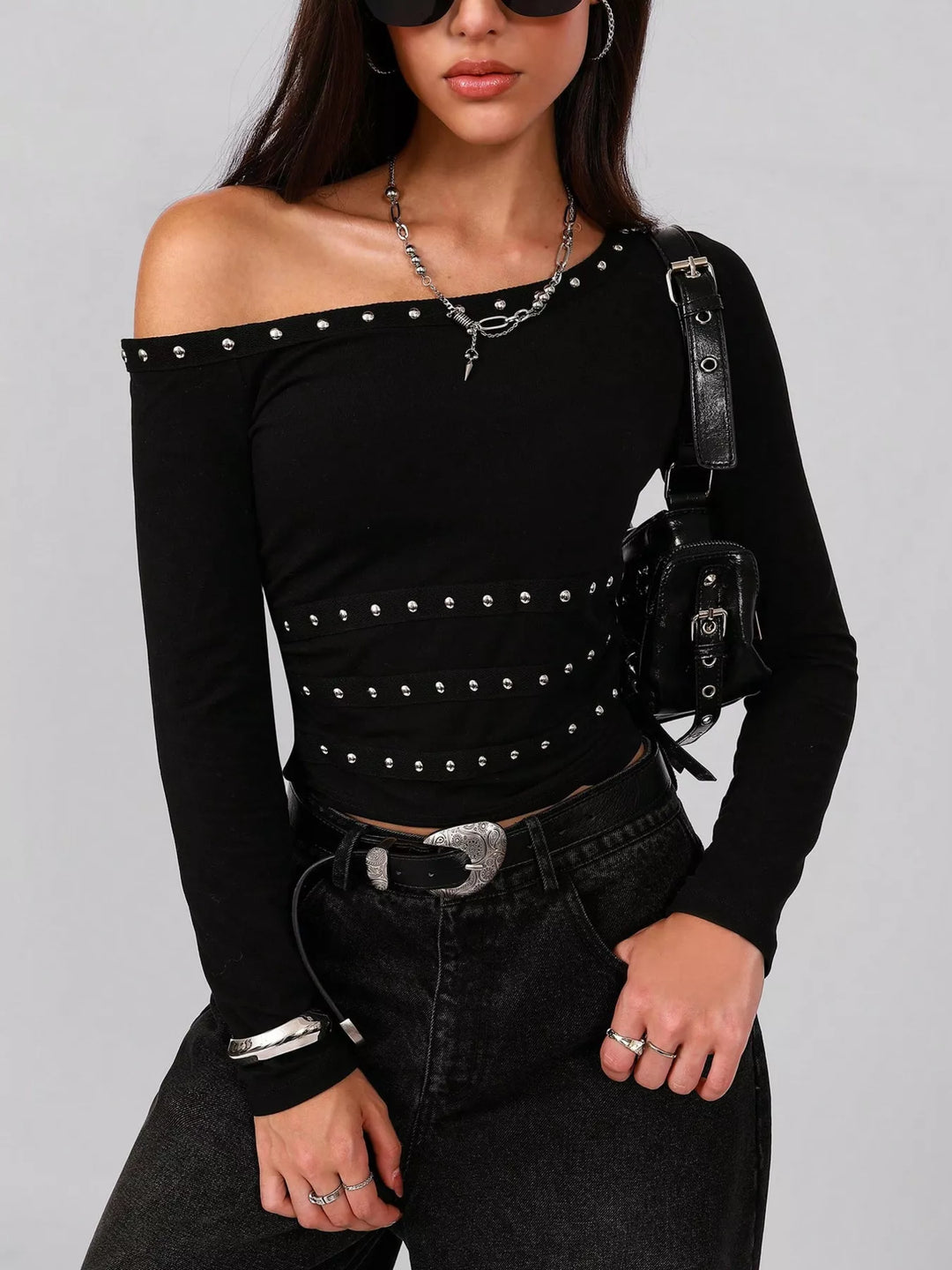 Black Studded one-shoulder long sleeve top with waist trim