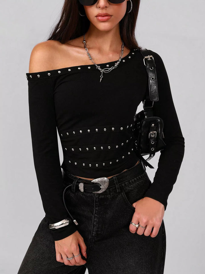Black Studded one-shoulder long sleeve top with waist trim