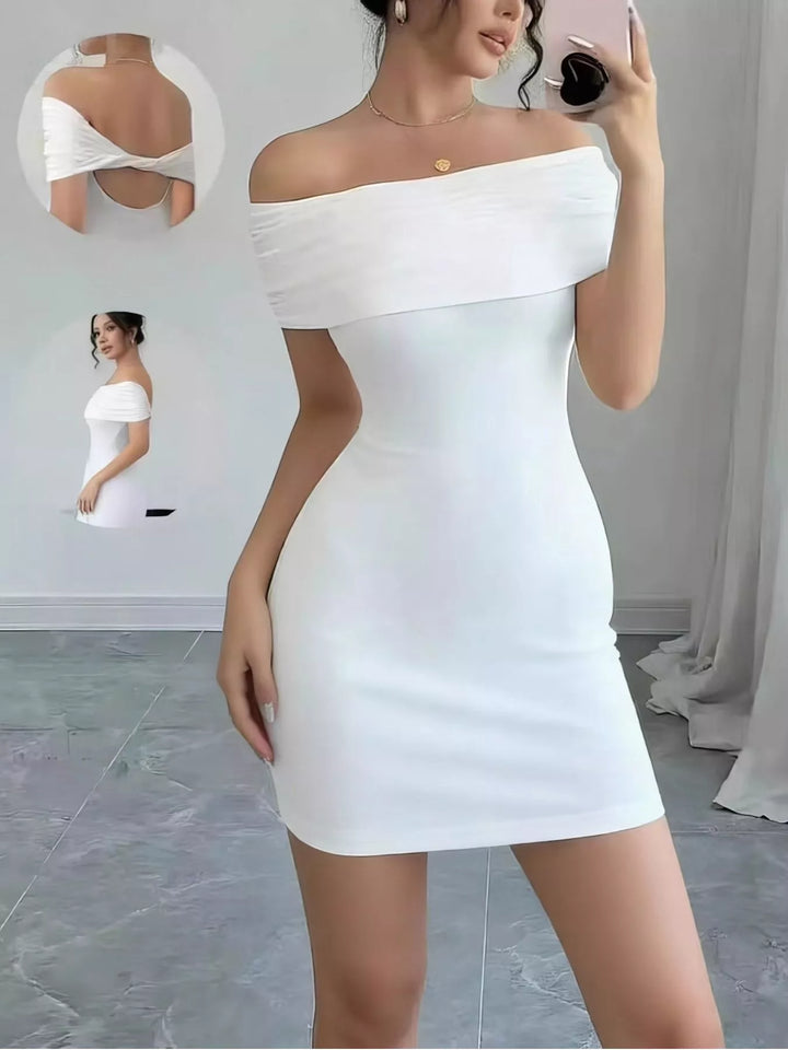 White Off-shoulder bodycon mini dress with twisted back