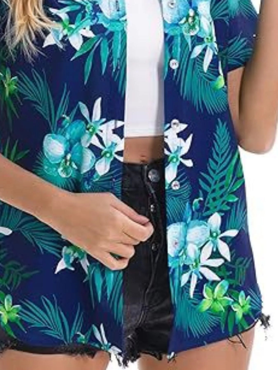 Tropical hibiscus print short sleeve button-up shirt