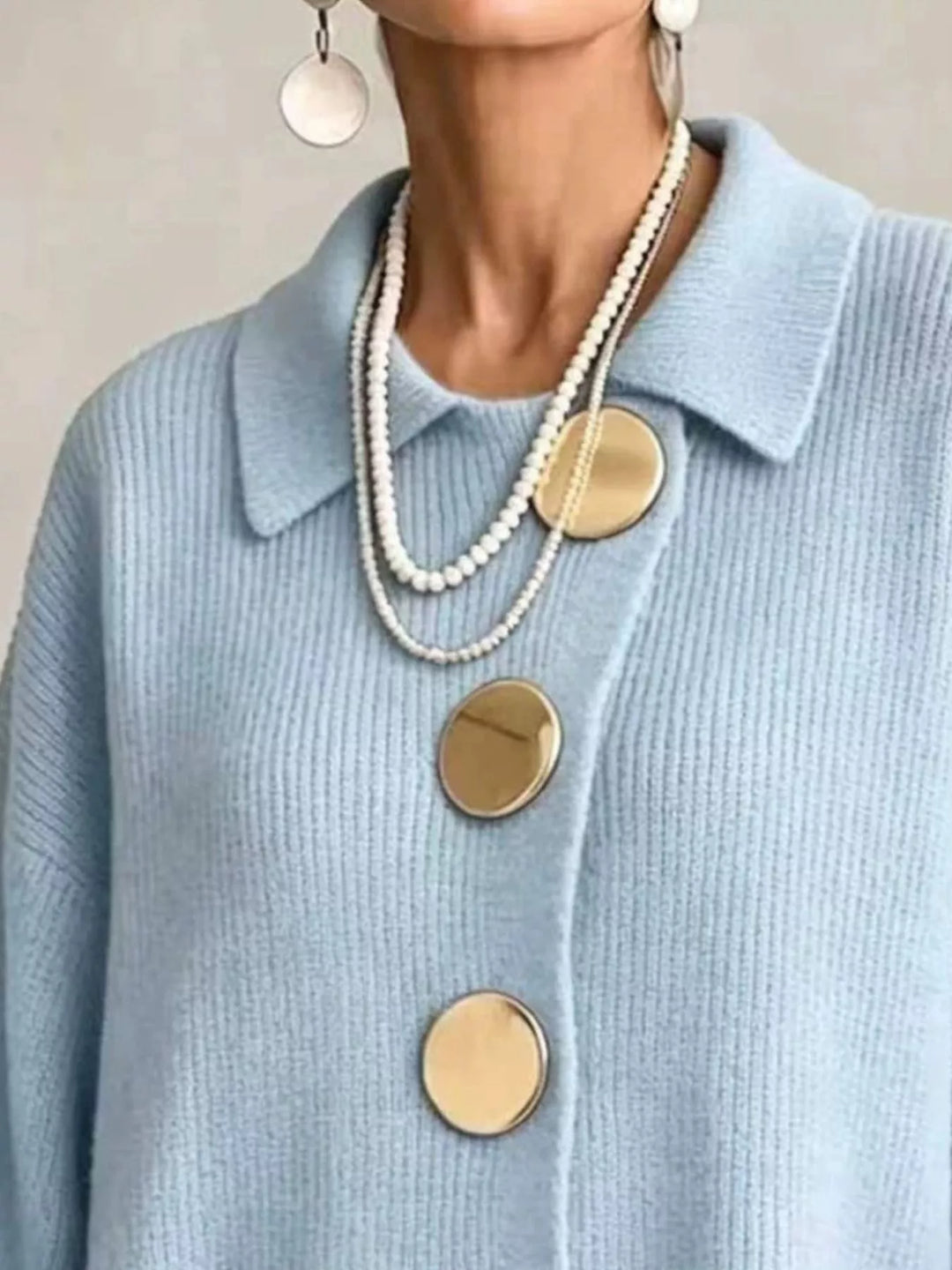 Oversized gold button ribbed knit collared cardigan