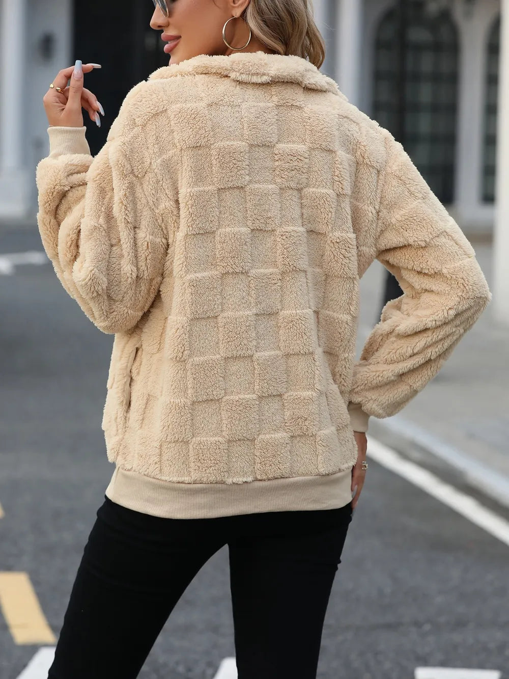 Fuzzy checkered quarter-zip pullover sweatshirt with pockets