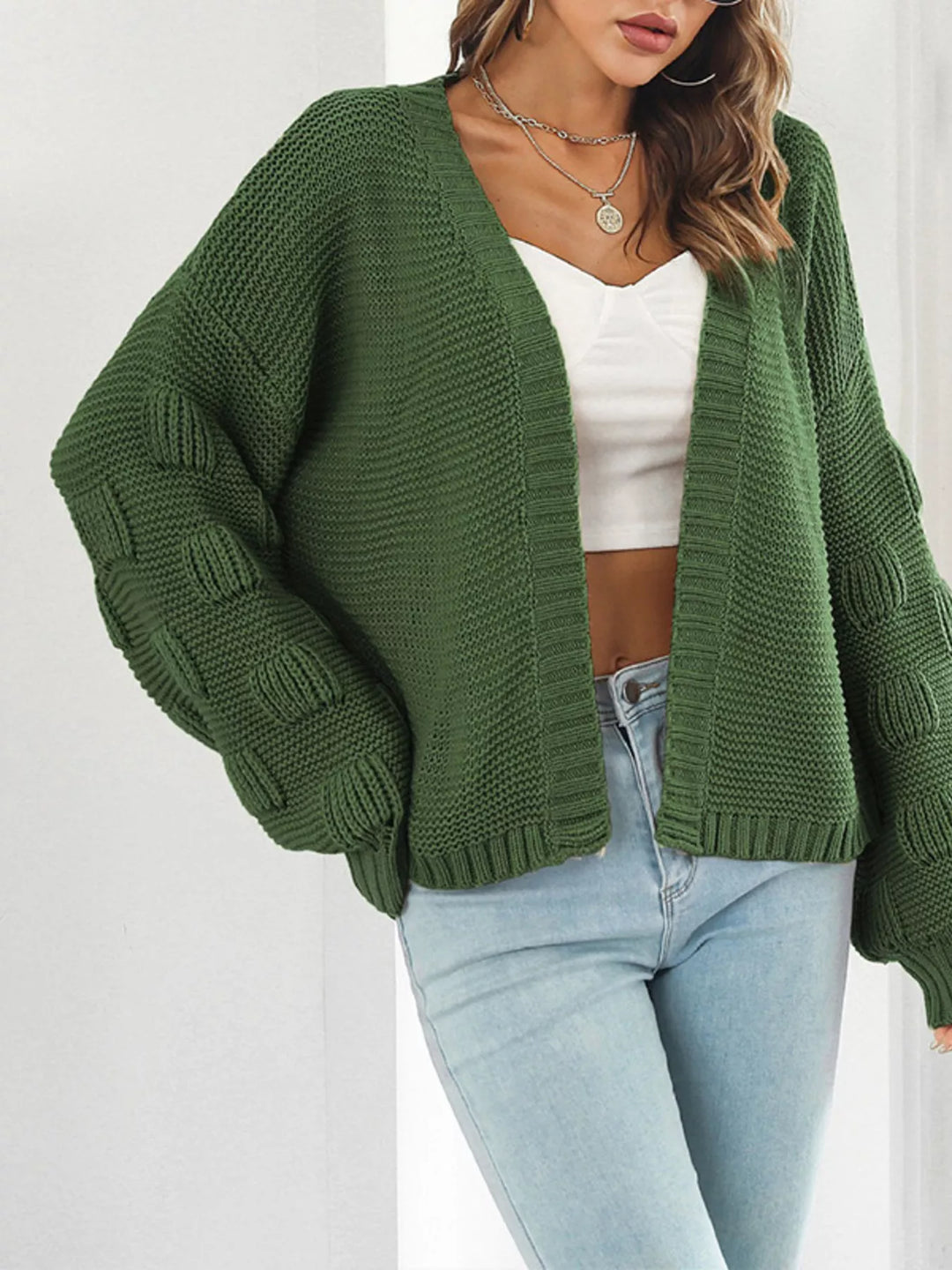 Green Chunky ribbed knit open-front cardigan with drop shoulders