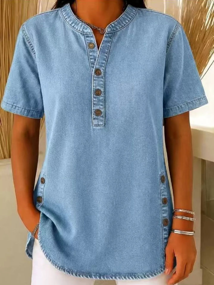 Light Blue Denim-look button-front short sleeve blouse with side slits