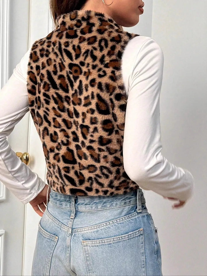 Leopard faux fur cropped zip-up vest with stand collar