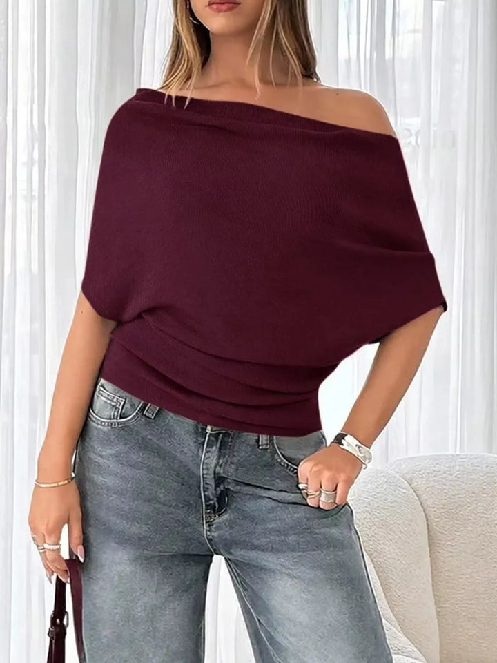 Off-shoulder ruched ribbed knit short-sleeve top