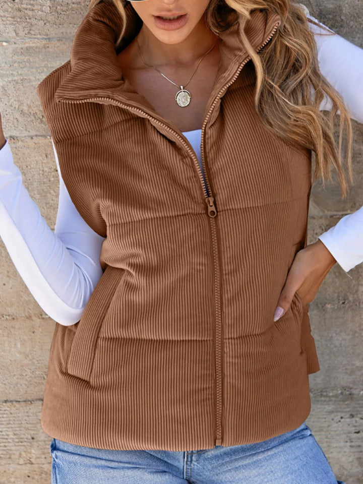 Dark Brown Corduroy stand collar zip-up puffer vest