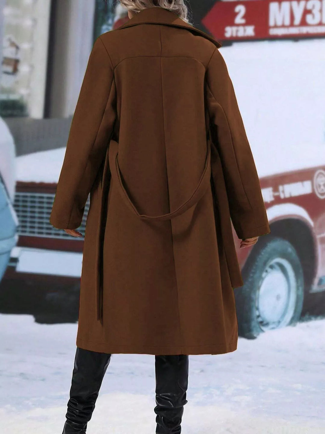 Double-breasted tie-waist long coat with notch lapels