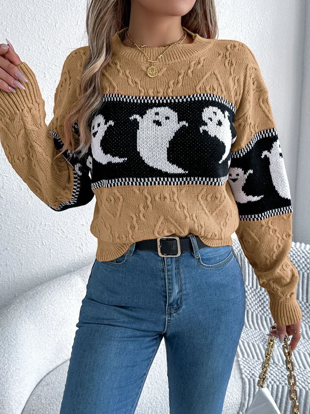 Ghost knit crew neck sweater with cable textured sleeves