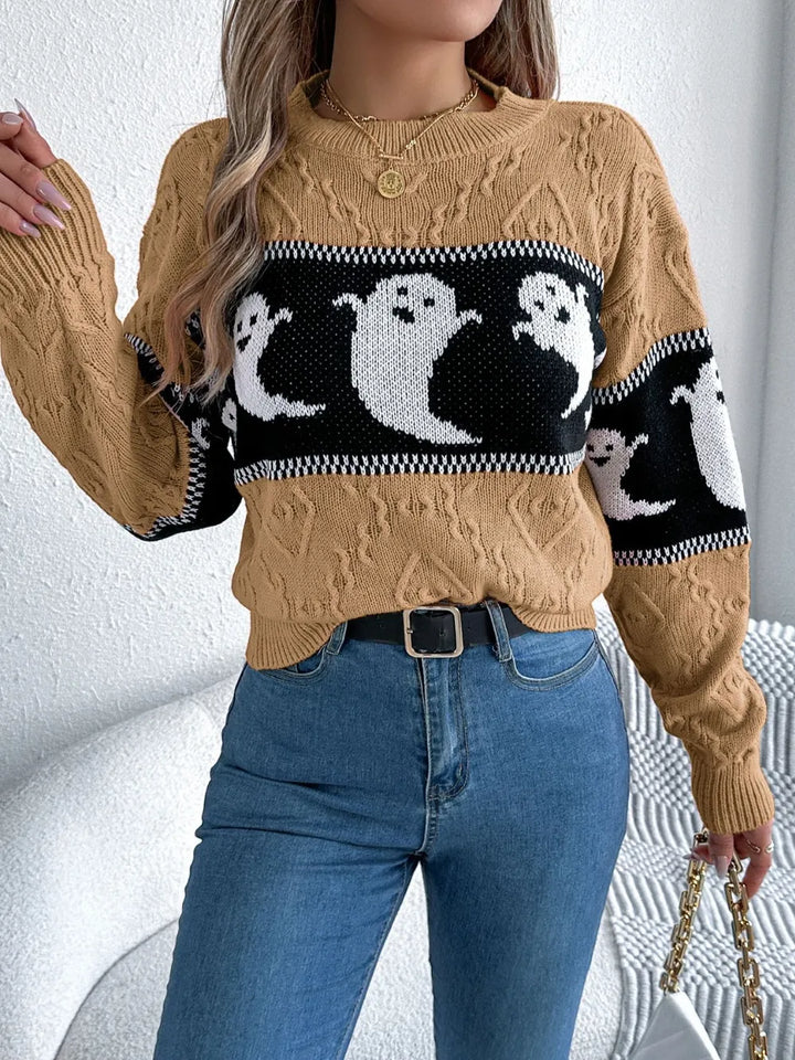 Ghost knit crew neck sweater with cable textured sleeves