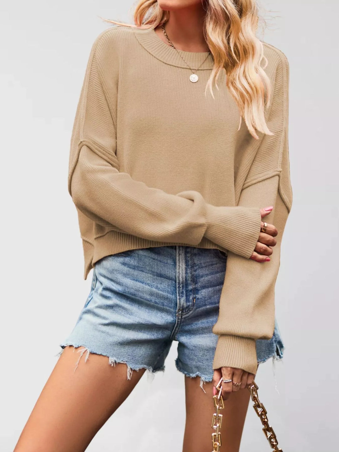 Khaki Dropped shoulder crew neck sweater with ribbed raw hem