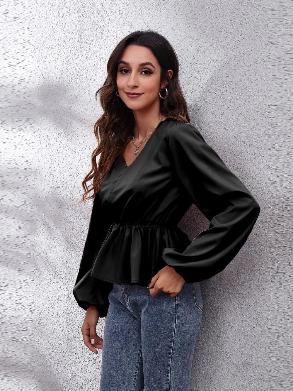 Balloon sleeve peplum blouse with V-neck