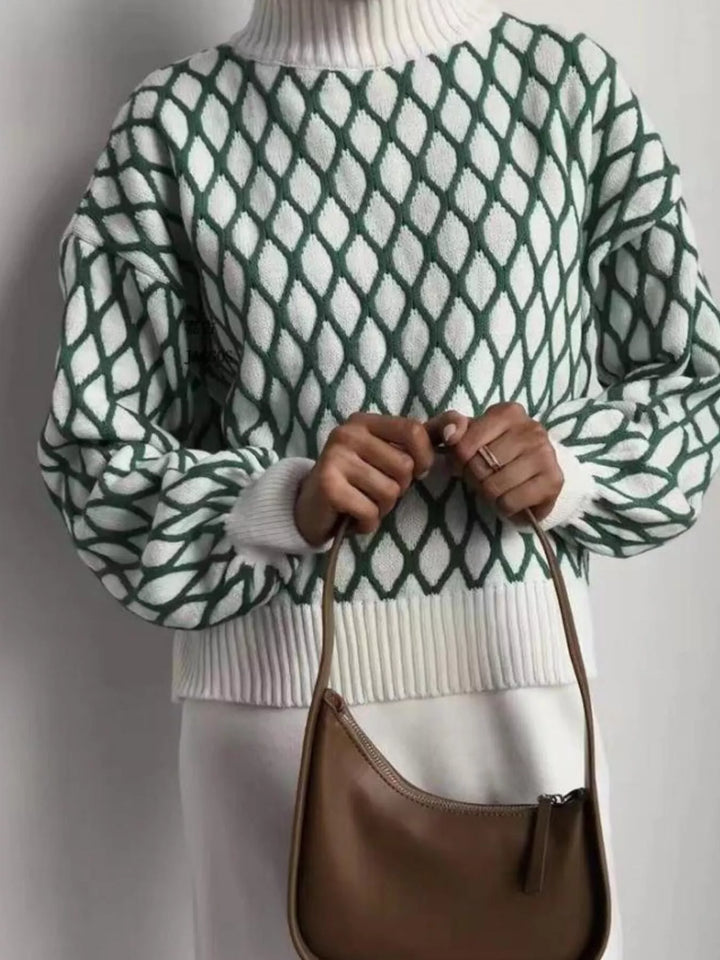 Green Geometric lattice knit turtleneck sweater