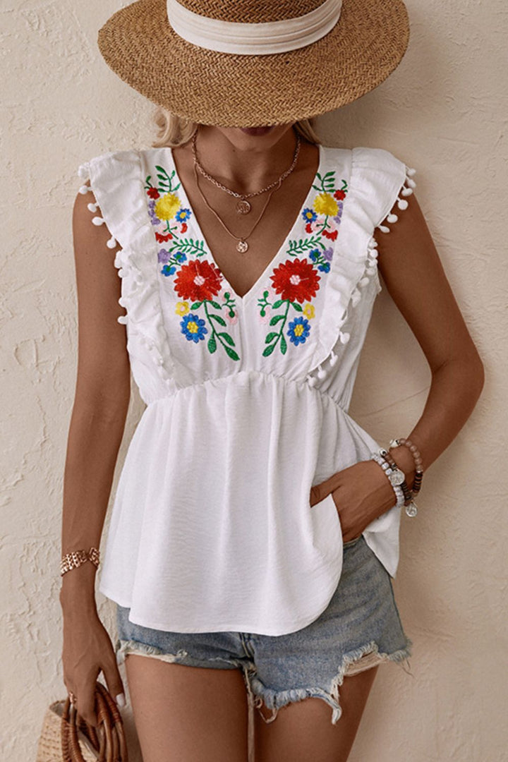 Embroidered floral babydoll top with pom-pom trim