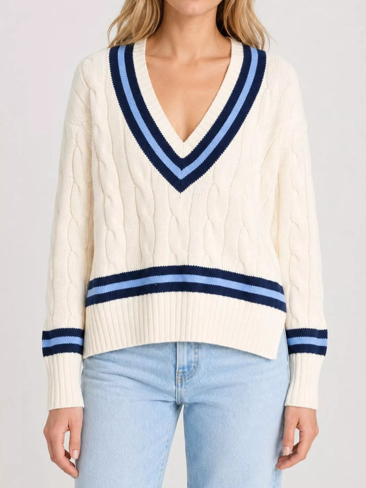 Cream Cable knit v-neck cricket sweater with striped trim