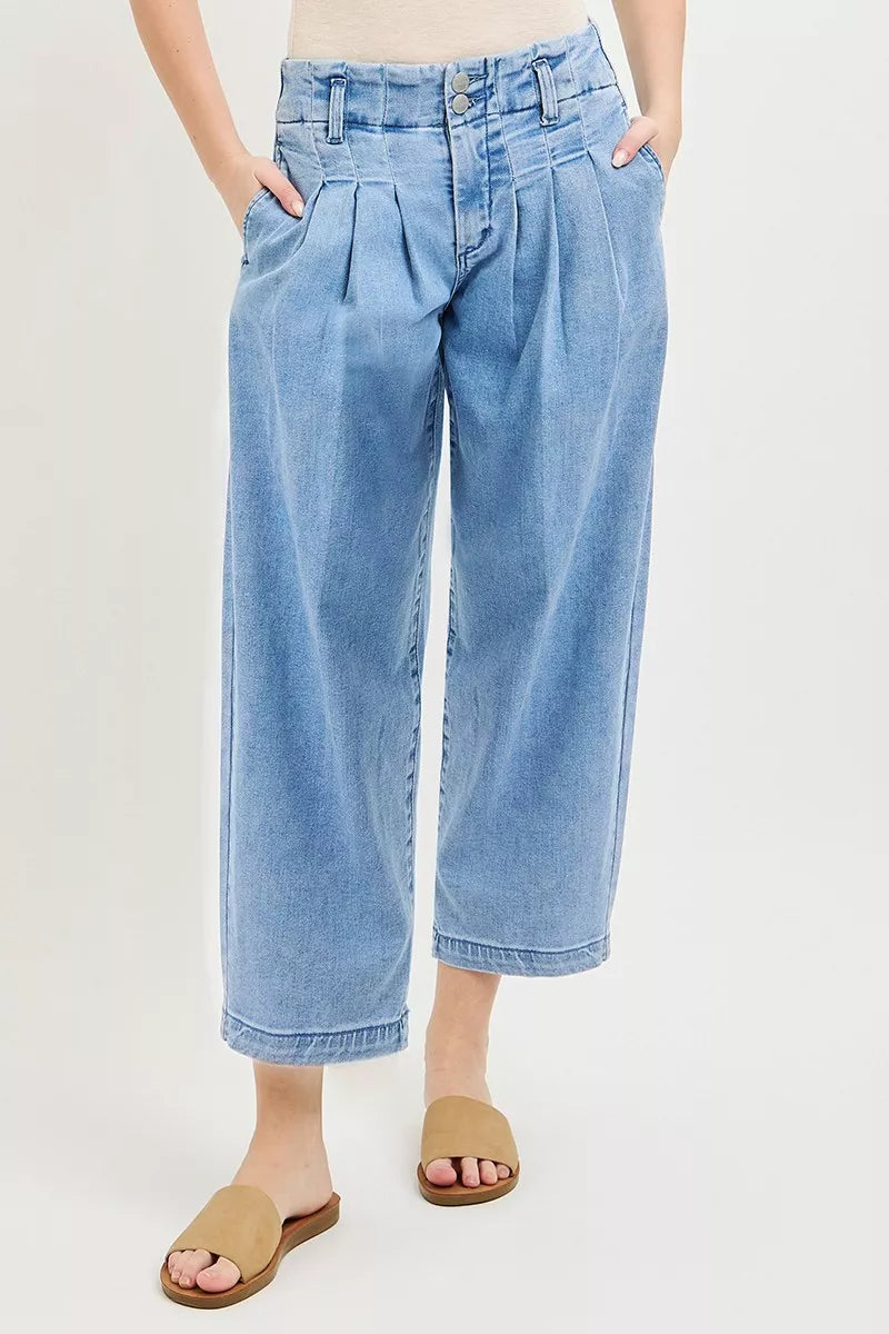 High-rise pleated cropped barrel-leg jeans