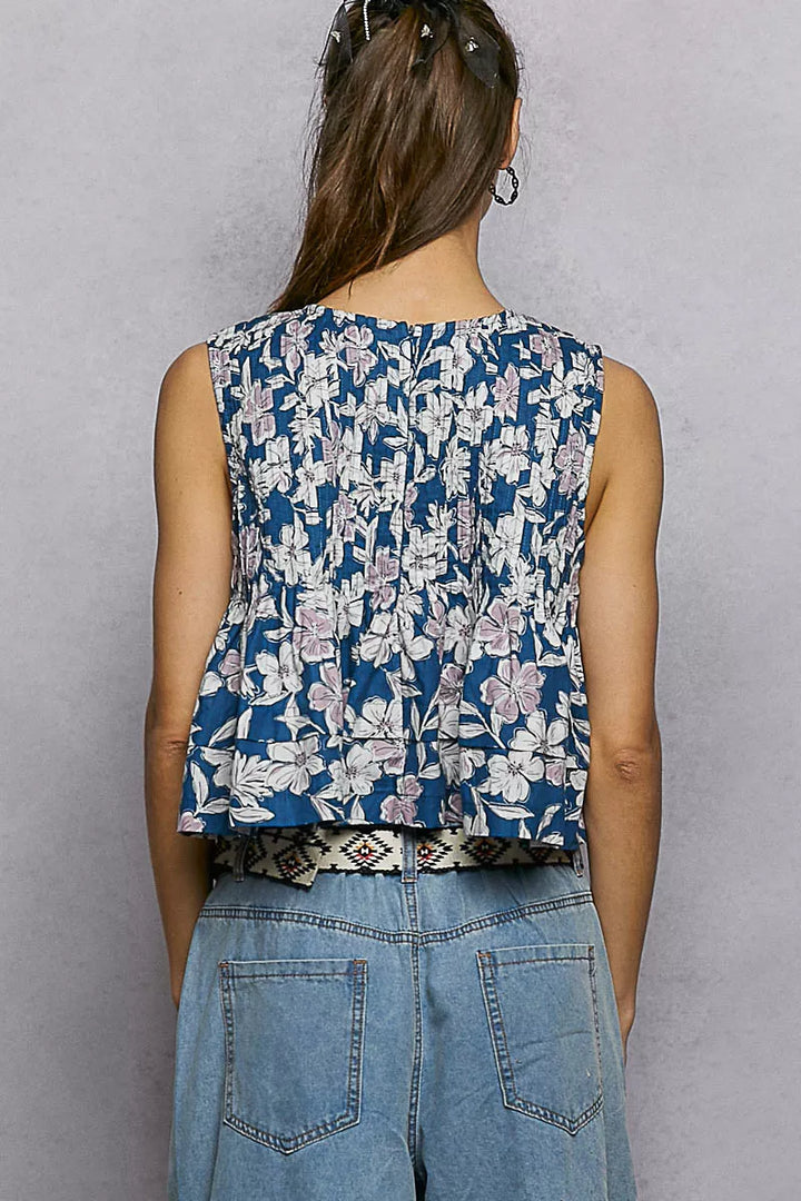 Floral pintuck crop tank with back zipper