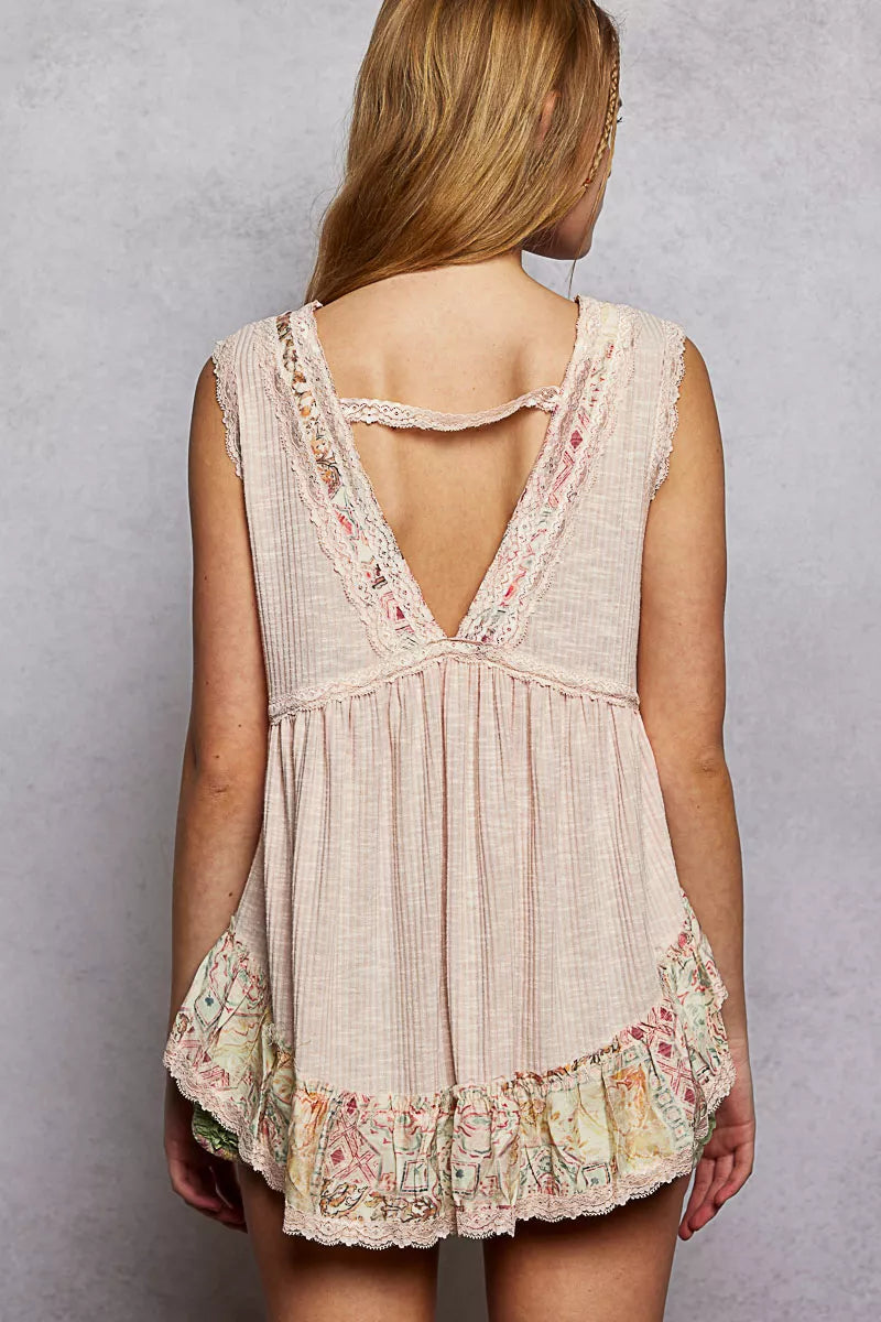 Lace-trim V-neck babydoll top with floral ruffle hem