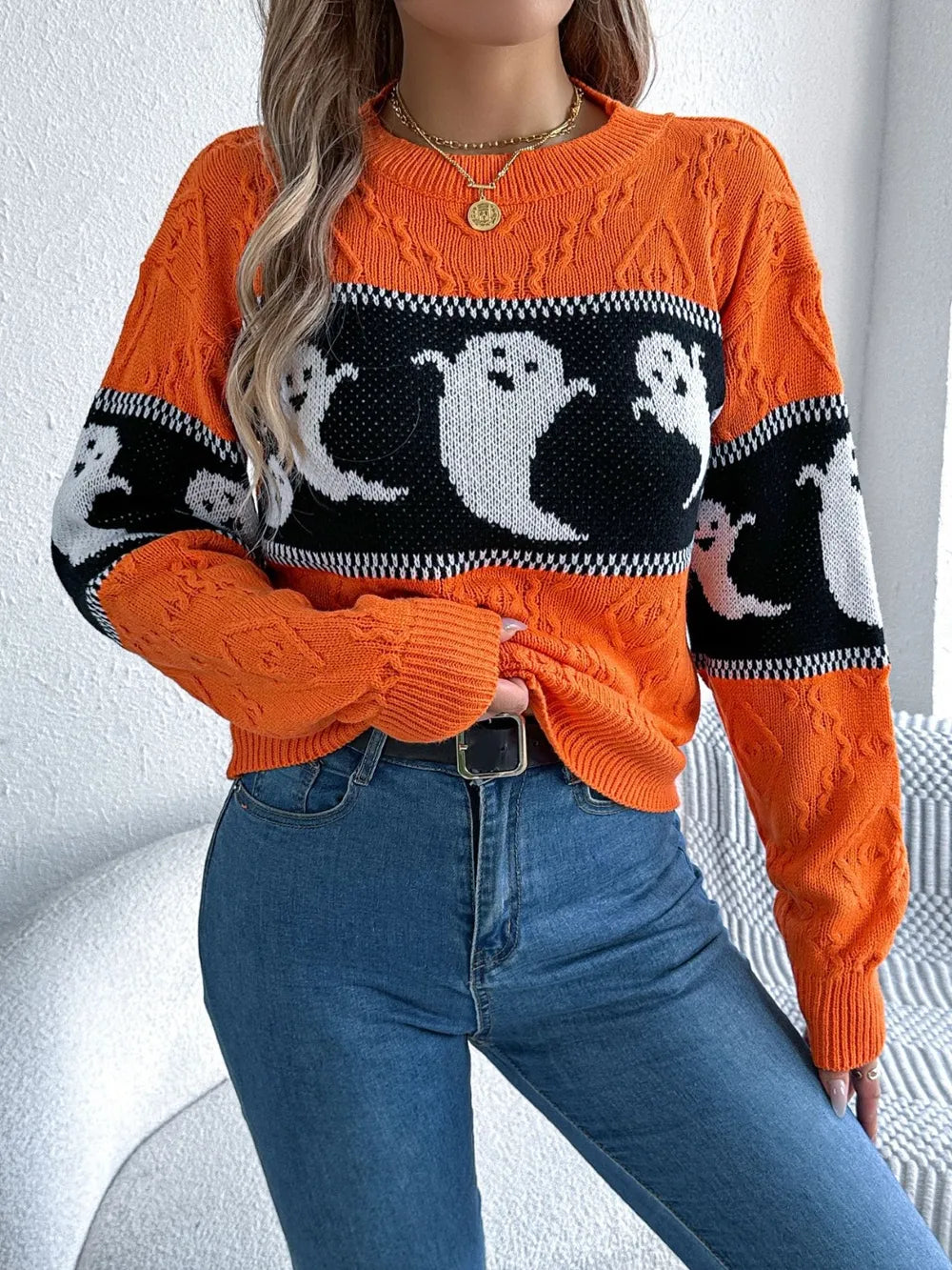 Ghost knit crew neck sweater with cable textured sleeves