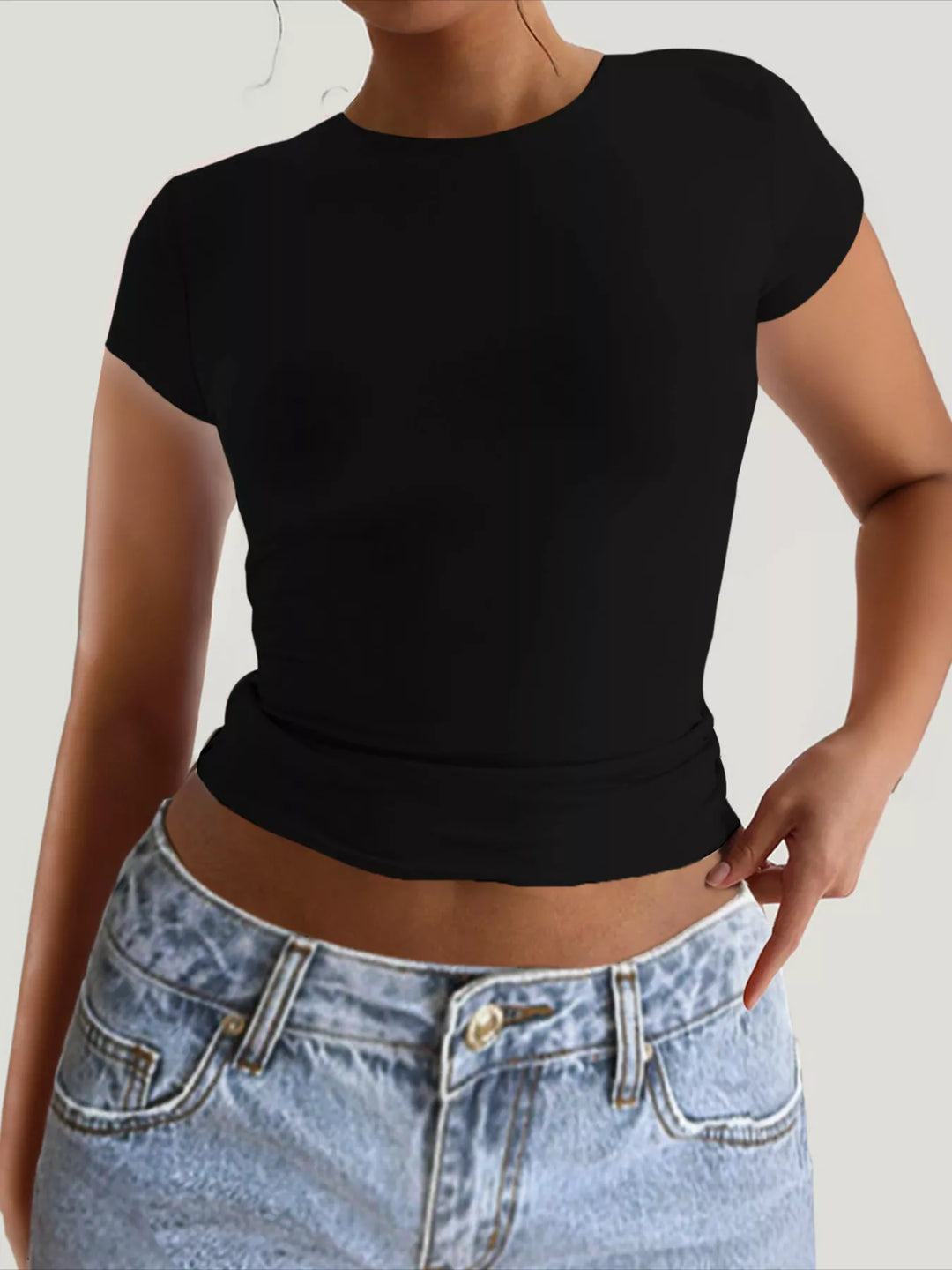 Black Slim-fit backless short-sleeve crop tee