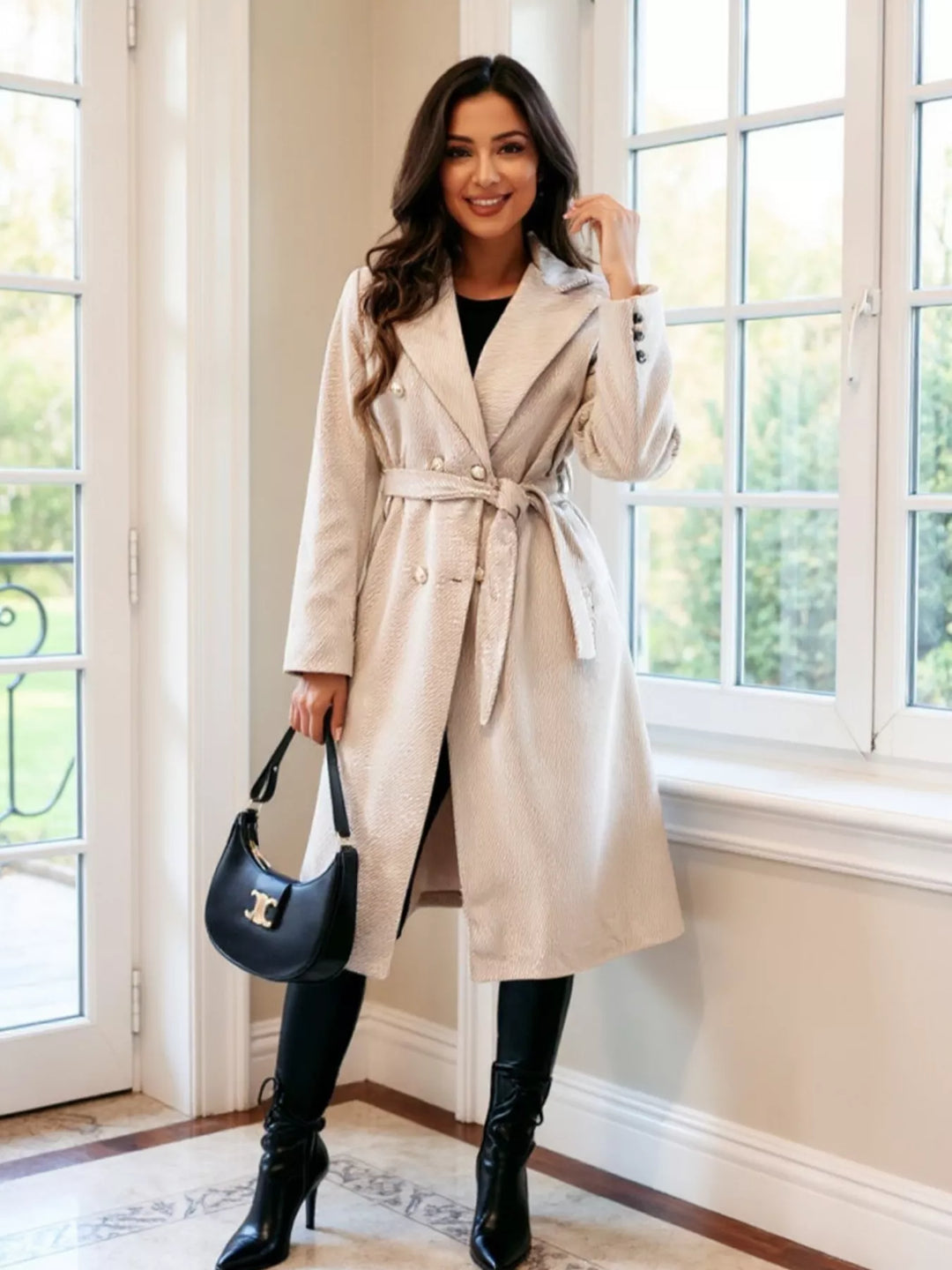 Double-breasted tie-waist longline overcoat
