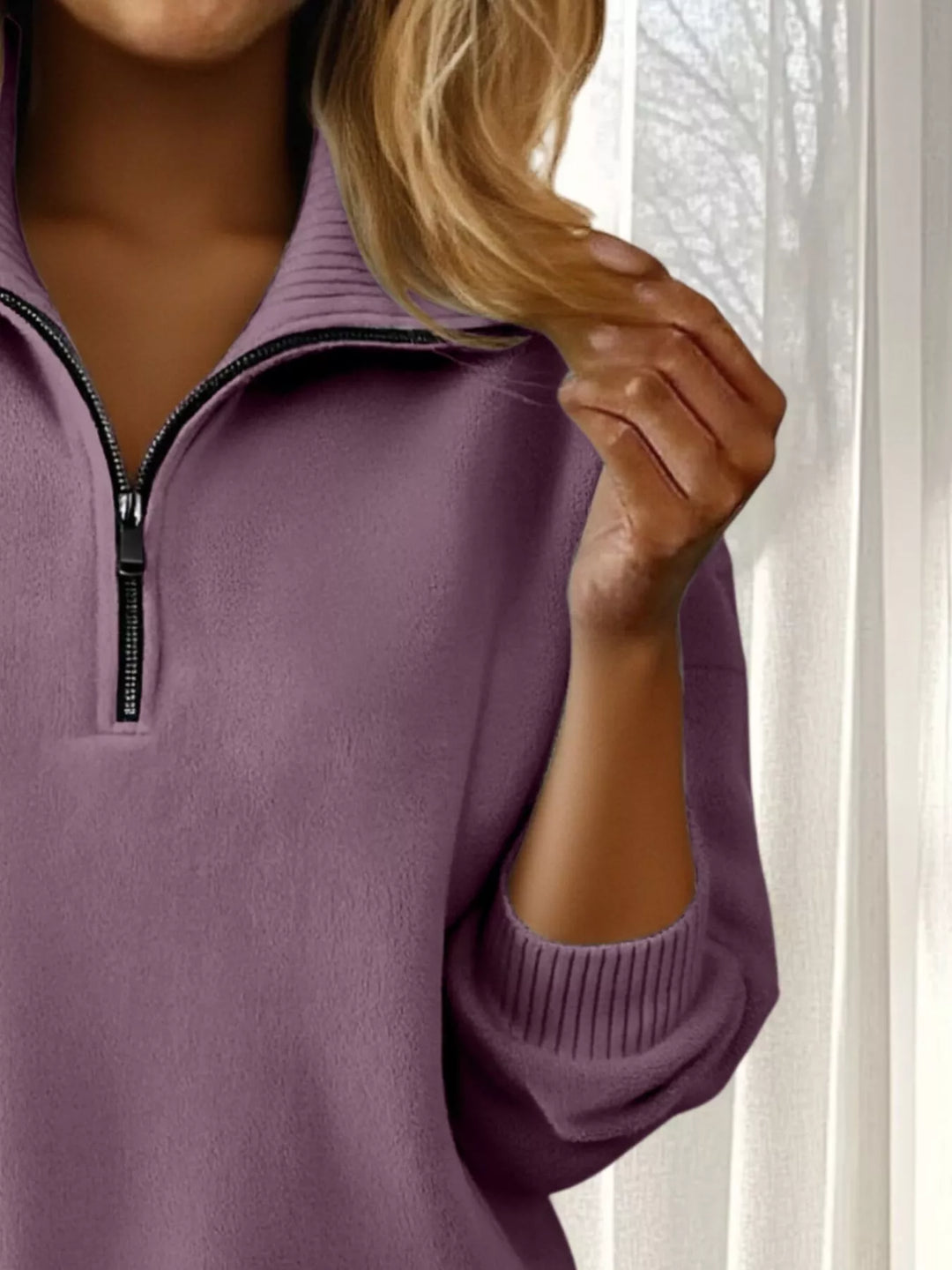 Half-zip dropped-shoulder knit sweater with ribbed collar
