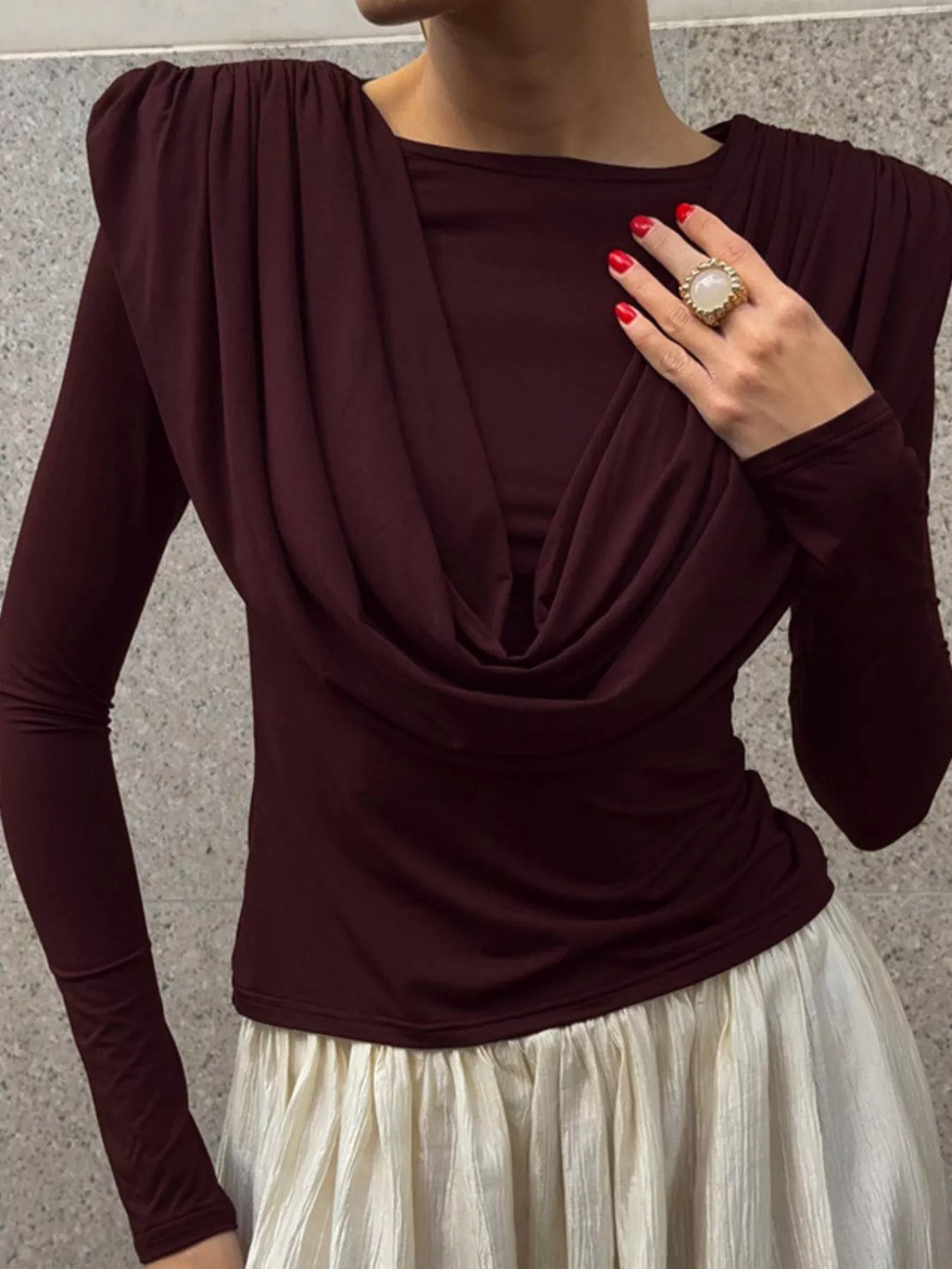 Burgundy Draped cowl neck long sleeve top with ruched sides