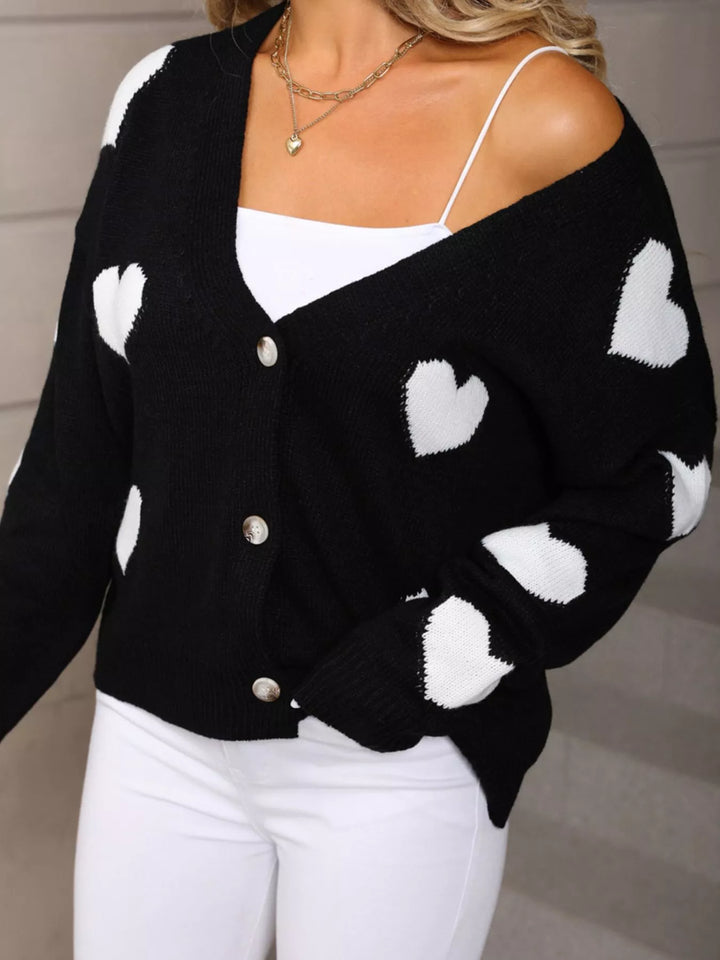 Black Heart pattern V-neck button-up knit cardigan